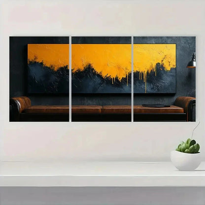 3pcs Abstract Dripping Bold Black & Yellow Metal Print Ready to Hang Art
