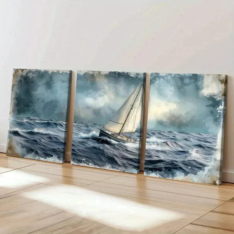 3pcs Sailing Boat Stormy Sea & Dark Clouds Wall Art Set Canvas Framed 40x60cm - High Quality Print 100% Australian Made Wall Canvas Ready to Hang