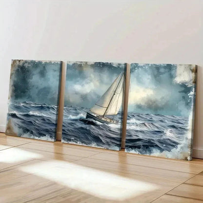 3pcs Sailing Boat Stormy Sea & Dark Clouds Wall Art Set Canvas Framed 40x60cm - High Quality Print 100% Australian Made Wall Canvas Ready to Hang