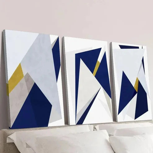 3pcs Geometric Golden and Blue Triangle Design Wall Art Canvas Unframed - High Quality Print 100% Australian Made Wall Canvas