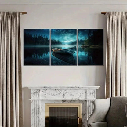 3pcs Tranquil Lake Starry Night Wooden Boat Wall Art Set Canvas Framed 40x60cm - High Quality Print 100% Australian Made Wall Canvas Ready to Hang