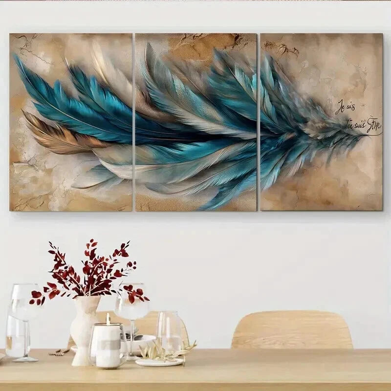 3pcs Blue & Golden Abstract Feather Modern Wall Art Set Canvas Framed 40x60cm - High Quality Print 100% Australian Made Wall Canvas Ready to Hang
