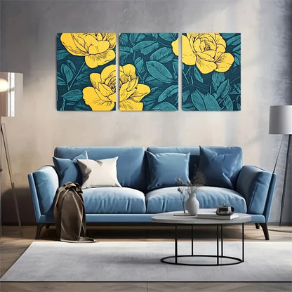 3pcs Lemon Yellow and Sky Blue Summer Rose Metal Print Ready to Hang Art