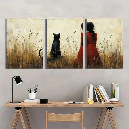 3pcs Charming Black Cat Little Girl Red Dress Metal Print Ready to Hang Art