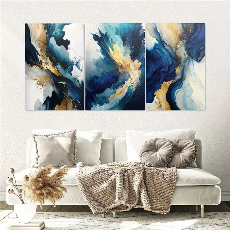 3pcs Blue Golden Abstract Ink Wall Art Set Canvas Framed 40x60cm - High Quality Print 100% Australian Made Wall Canvas Ready to Hang