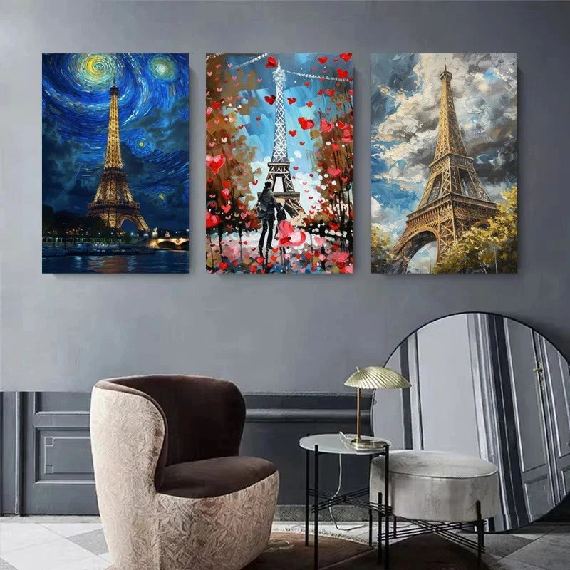 Three artistic paintings of the Eiffel Tower on a wall with a modern interior setting.
