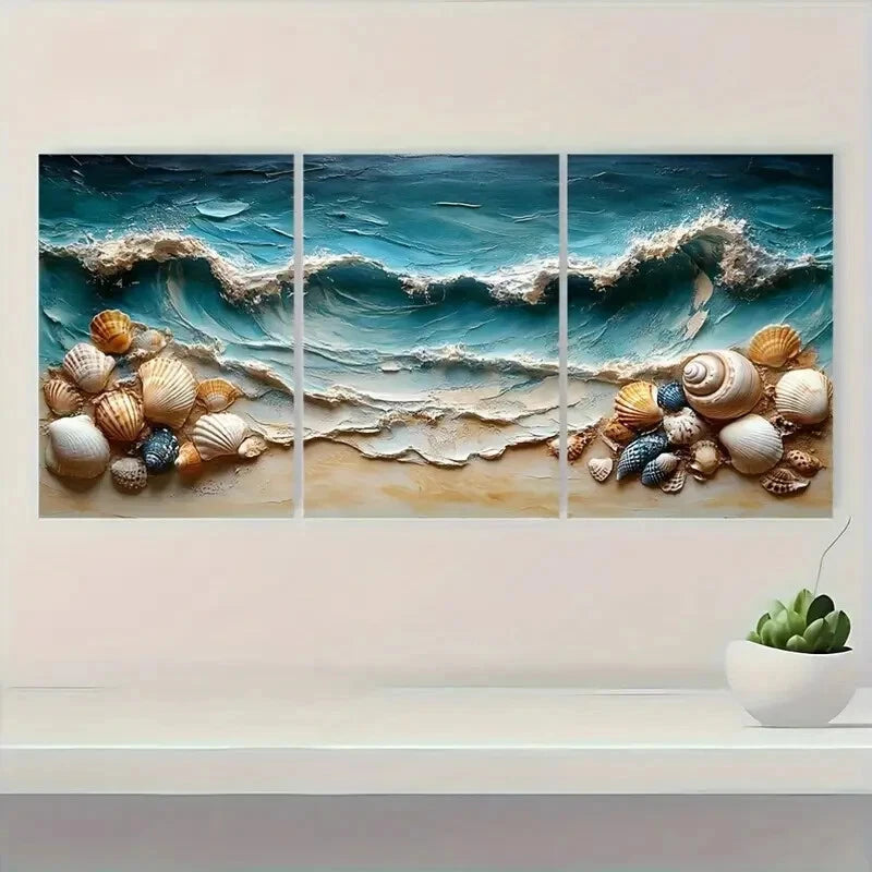 3pcs Blue Hues with Seashells Border Metal Print Ready to Hang Art