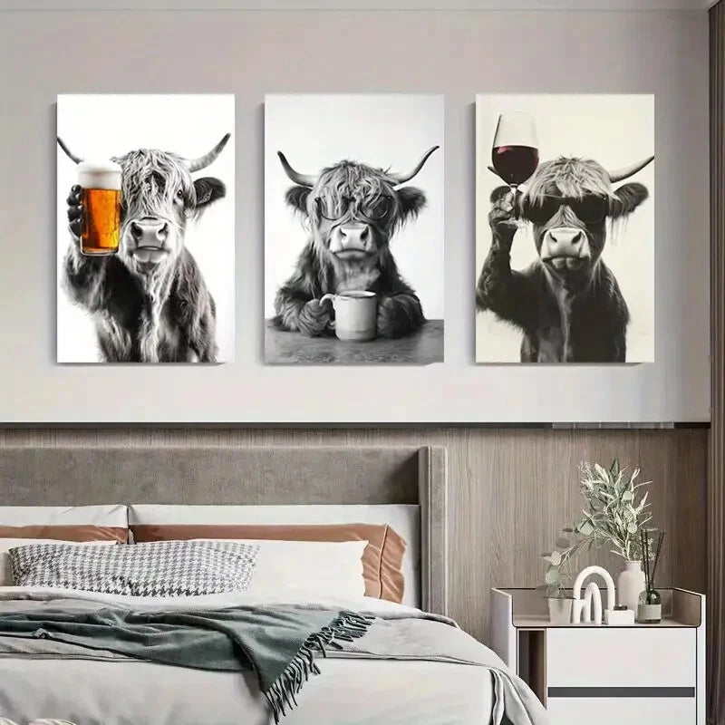 3pcs Highland Cow Whimsical Illustration Perfect Wall Art Set Canvas Framed 40x60cm - High Quality Print 100% Australian Made Wall Canvas Ready to Hang