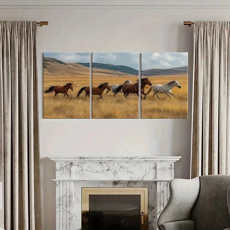 3pcs Galloping Horses In Golden Field Landscape Wall Art Set Canvas Framed 40x60cm - High Quality Print 100% Australian Made Wall Canvas Ready to Hang