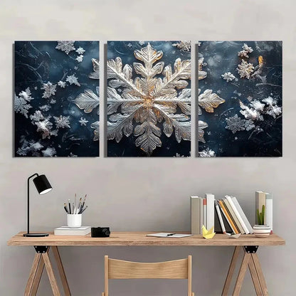 3pcs Shiny Silver Snowflake White Metal Print Ready to Hang Art