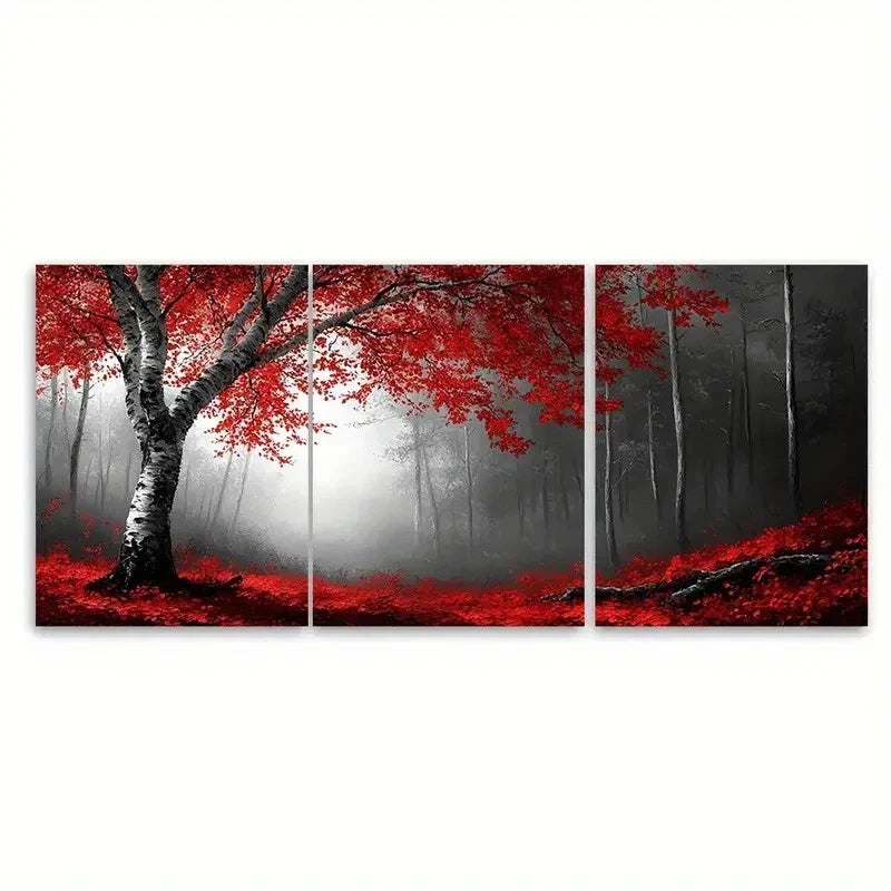 3pcs Birch Tree Forest Red Leaves Abstract R Wall Art Set Canvas Framed 60x90cm - High Quality Print 100% Australian Made Wall Canvas Ready to Hang