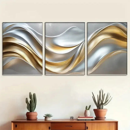 3pcs Modern Abstract Metallic Wave Perfect Wall Art Set Canvas Framed 40x60cm - High Quality Print 100% Australian Made Wall Canvas Ready to Hang