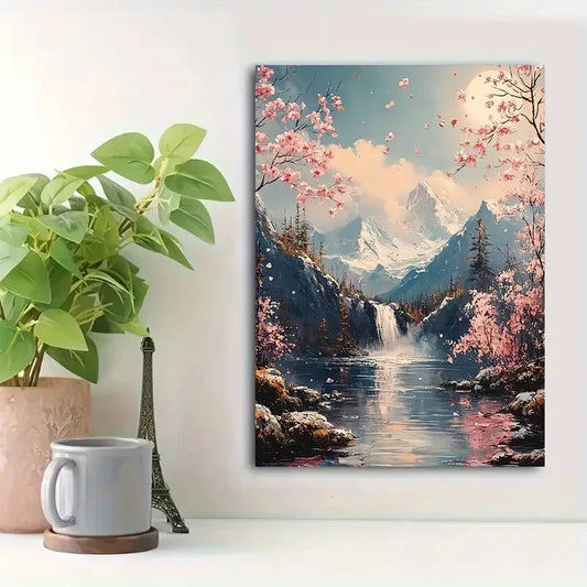 Beautiful Vibrant Pink Blossoms Mountain Painting 40x60cm Metal Print Ready to Hang