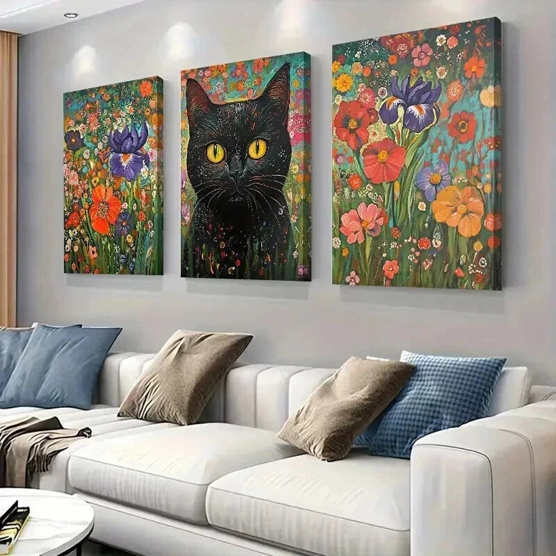 3pcs Feline Black Cat And Floral Garden Wall Art Set Canvas Framed 40x60cm - High Quality Print 100% Australian Made Wall Canvas Ready to Hang