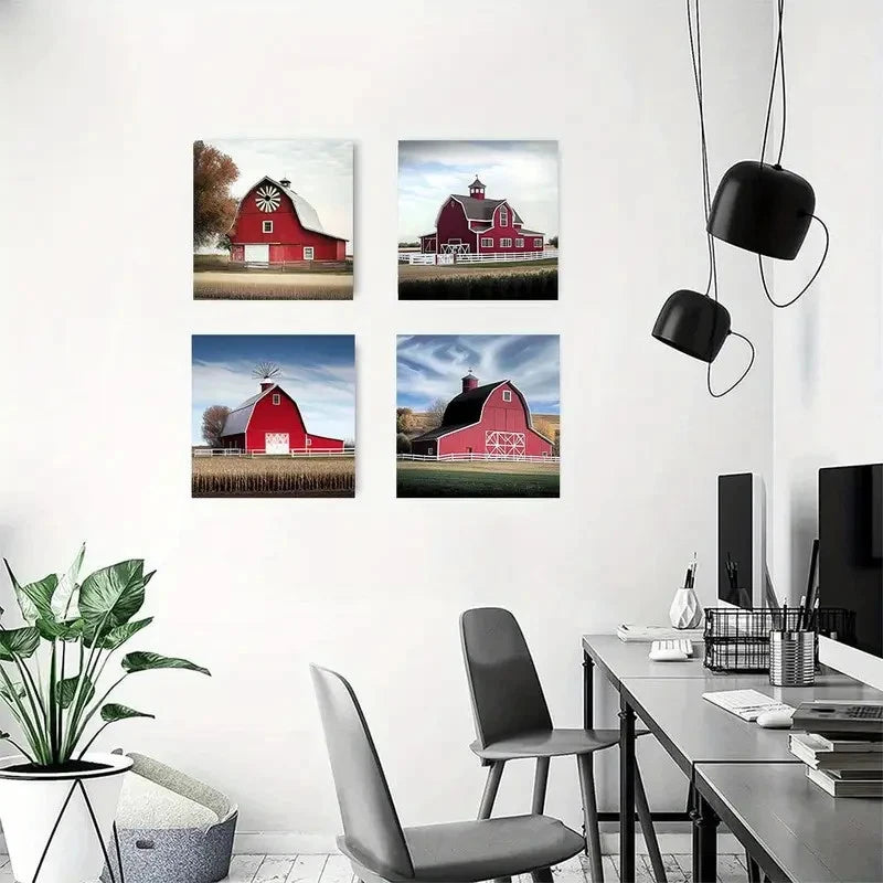 4pcs Black & Red Barn with Windmill Wall Art Canvas Framed