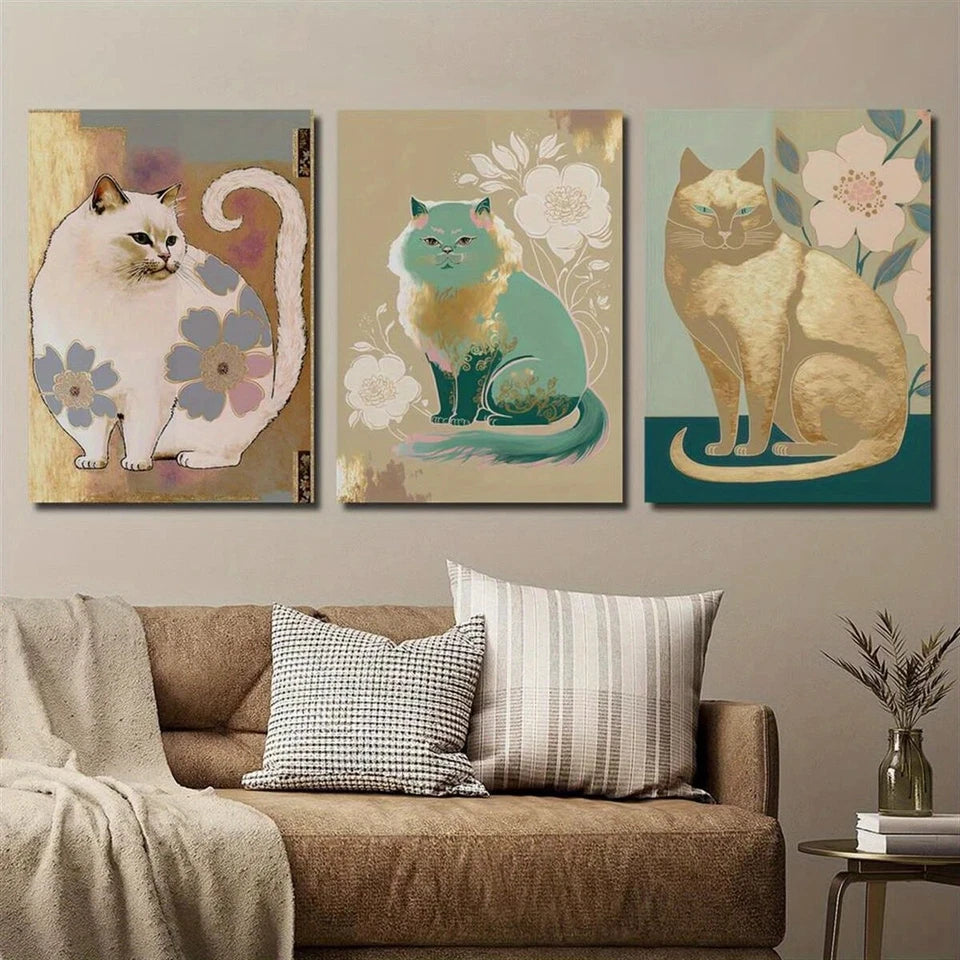 3pcs Furry Cats in Floral & Abstract Designs Metal Print Ready to Hang Art