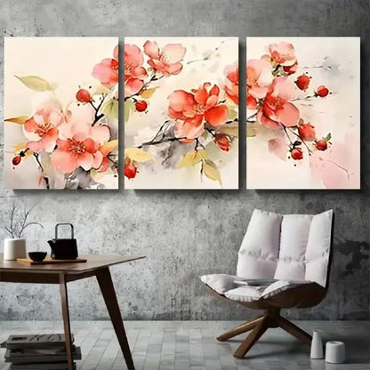 3pcs Peach and Red Blossom Flowers Metal Print Ready to Hang Art