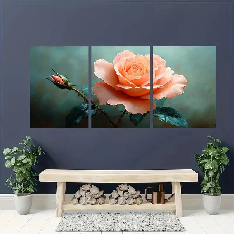 3pcs Vibrant Orange & Pink Roses with Green Leaves Metal Print Ready to Hang Art
