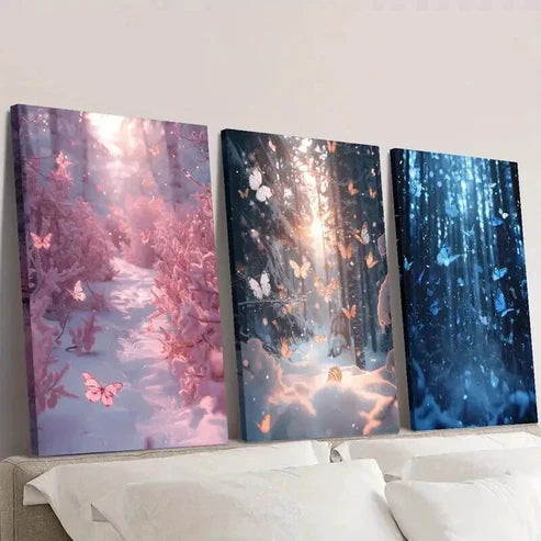 3pcs Blue and Pink Butterfly in Forest Wall Art Canvas Unframed - High Quality Print 100% Australian Made Wall Canvas