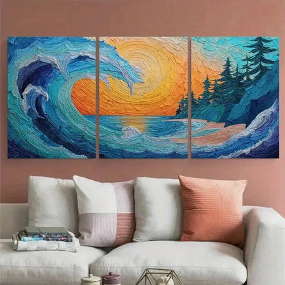 3pcs Blue Ocean Wave Sunrise Vertical Perfect  Wall Art Set Canvas Framed 60x90cm - High Quality Print 100% Australian Made Wall Canvas Ready to Hang