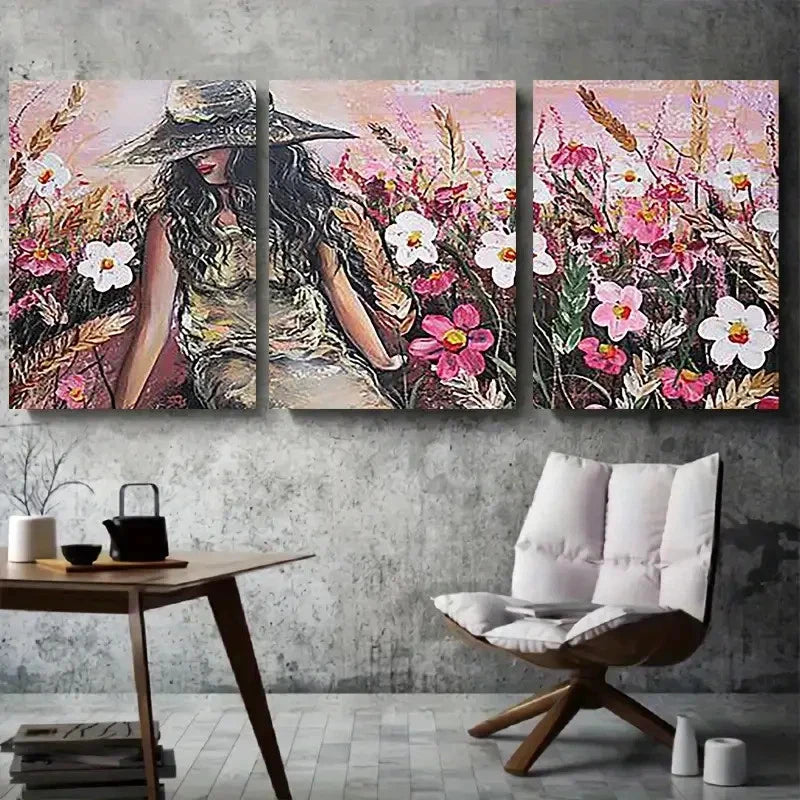 3pcs Elegant Fashion Woman with Hat Flower Metal Print Ready to Hang Art