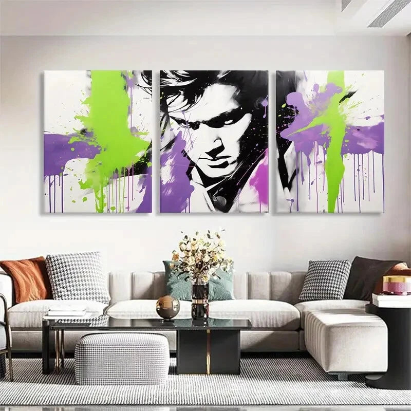 3pcs Purple and Green Paint Splashes Perfect Wall Art Set Canvas Framed 40x60cm - High Quality Print 100% Australian Made Wall Canvas Ready to Hang