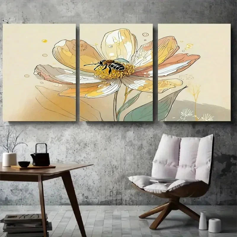 3pcs Serene Botanical Bee Daisy Metal Print Ready to Hang Art