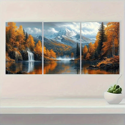 3pcs Mountain Nature Serene Waterfall Snow Capped Metal Print Ready to Hang Art
