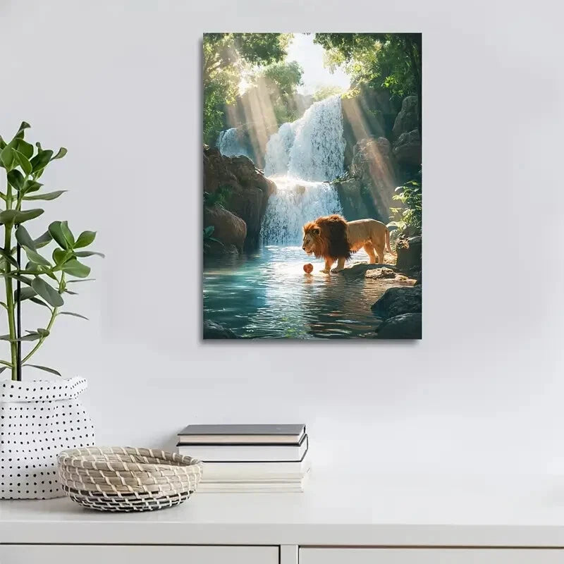 Steampunk Scene of Lion Playing with a Ball 40x60cm Metal Print Ready to Hang