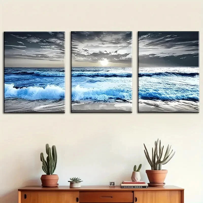 3pcs Black and White Blue Ocean Metal Print Ready to Hang Art