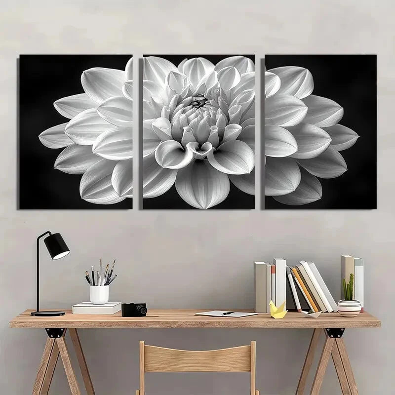 3pcs Elegant Dahlia Flower White & Gray Metal Print Ready to Hang Art