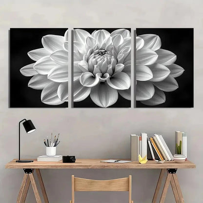 3pcs Elegant Dahlia Flower White & Gray Metal Print Ready to Hang Art