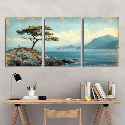 3pcs Teal Blue Backg Classic Vintage Beach Scene Metal Print Ready to Hang Art