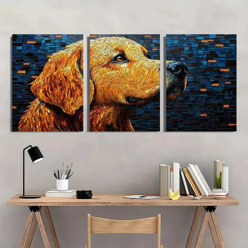 3pcs Golden Retriever Mosaic Vibrant Blue & Orange Metal Print Ready to Hang Art
