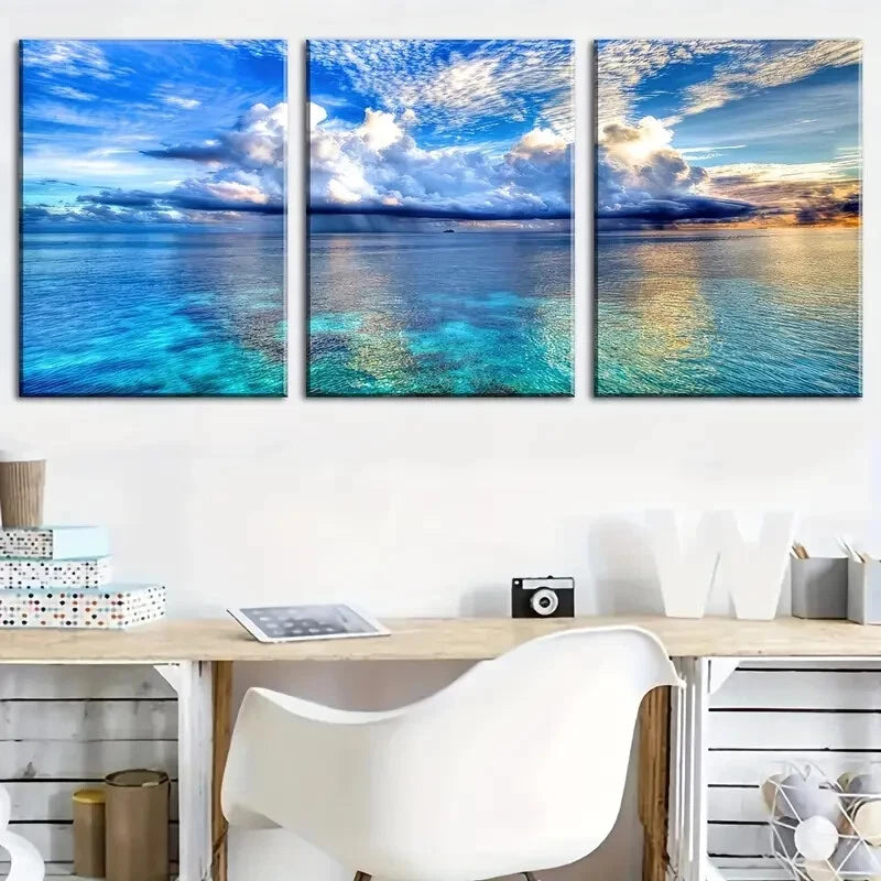 3pcs Blue Sky And White Clouds Sunny Perfect Wall Art Set Canvas Framed 40x60cm - High Quality Print 100% Australian Made Wall Canvas Ready to Hang