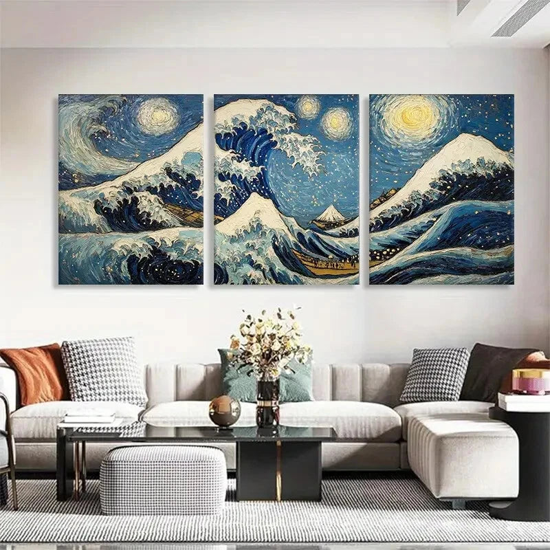 3pcs Van Gogh Inspired Mountain and Wave Perfect Wall Art Set Canvas Framed 40x60cm - High Quality Print 100% Australian Made Wall Canvas Ready to Hang