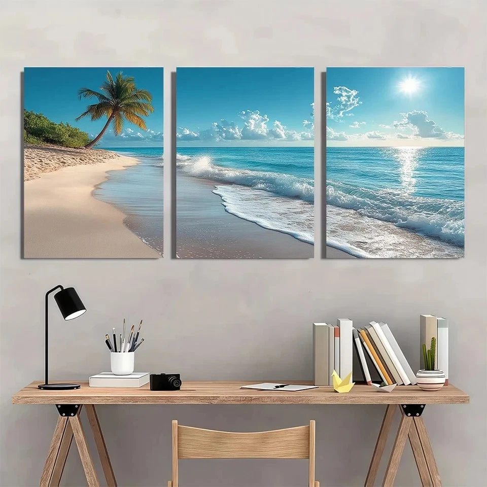 3pcs Tropical Beach and Palm Tree Wall Art Set Canvas Framed 60x90cm - High Quality Print 100% Australian Made Wall Canvas Ready to Hang