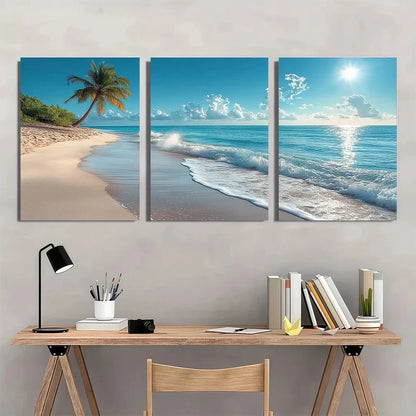 3pcs Tropical Beach and Palm Tree Wall Art Set Canvas Framed 60x90cm - High Quality Print 100% Australian Made Wall Canvas Ready to Hang