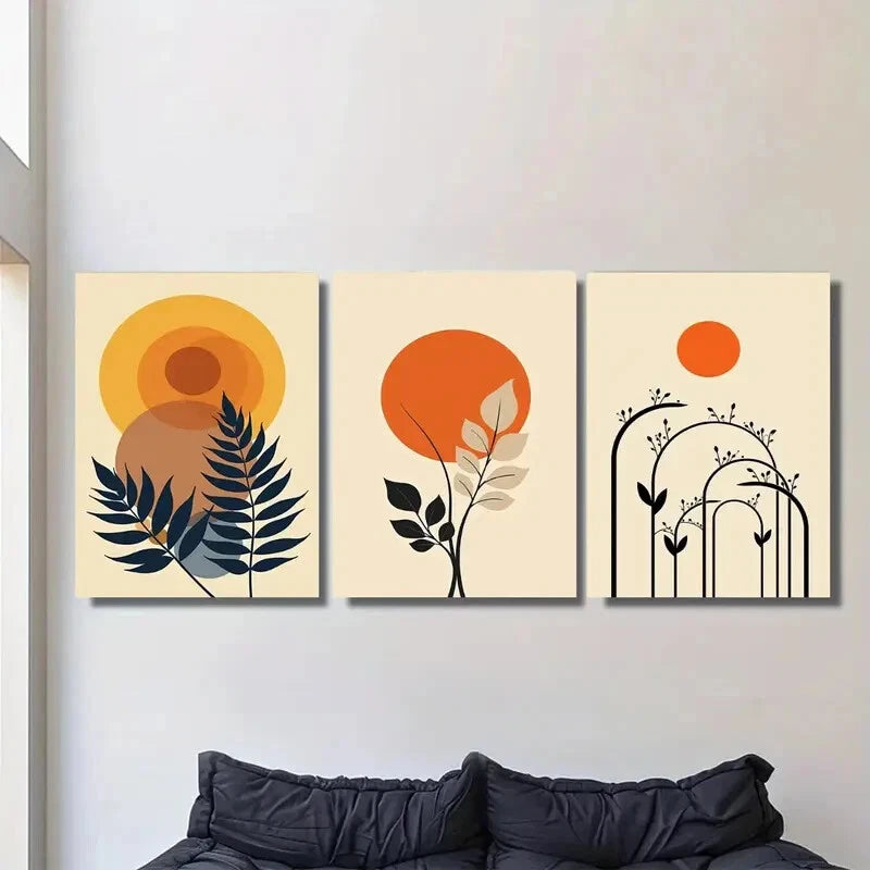 3pcs Modern Abstract Botanical Nature Yellow Metal Print Ready to Hang Art