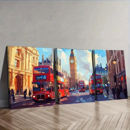 3pcs Red Double-Decker Bus Cityscape Perfect Wall Art Set Canvas Framed 40x60cm - High Quality Print 100% Australian Made Wall Canvas Ready to Hang