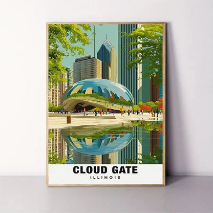 Cloud Gate Illinois Chicago Skyline Lurie Garden Travel Poster Print Wall Art