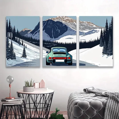 3pcs Car on Snowy Mountain Road Wall Art Set Canvas Framed 50x70cm - High Quality Print 100% Australian Made Wall Canvas Ready to Hang