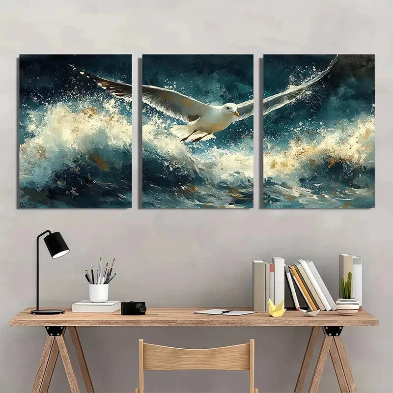 3pcs Seagulls Over Stormy Ocean Watercolor Metal Print Ready to Hang Art