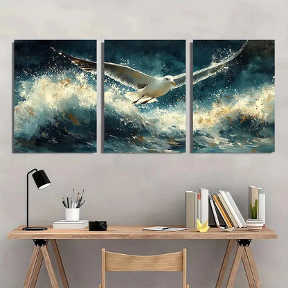 3pcs Seagulls Over Stormy Ocean Watercolor Metal Print Ready to Hang Art