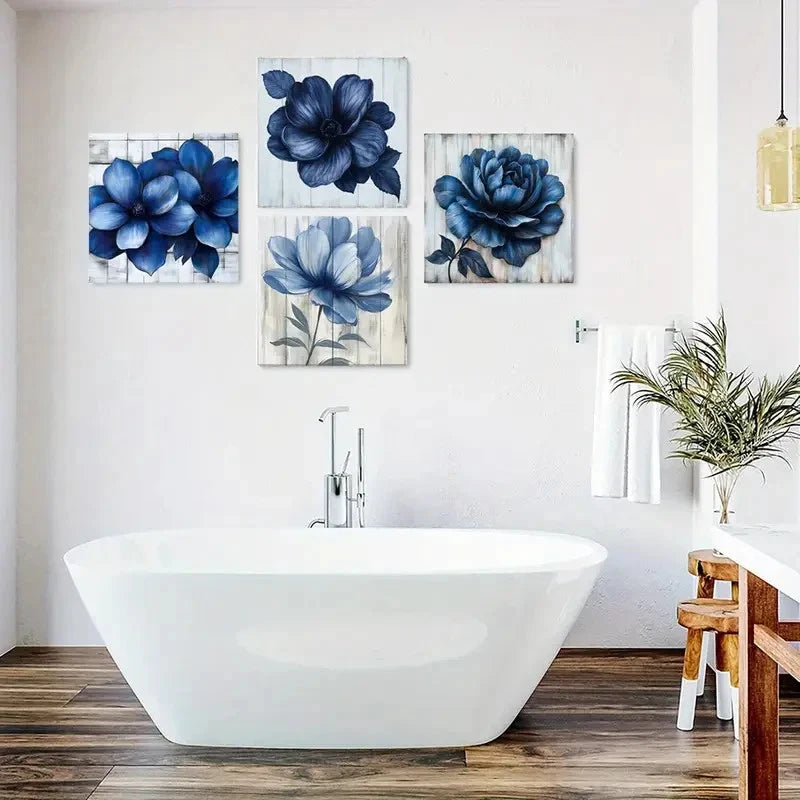 4pcs Modern Farmhouse Blue Flower Posters Wall Art Canvas Framed