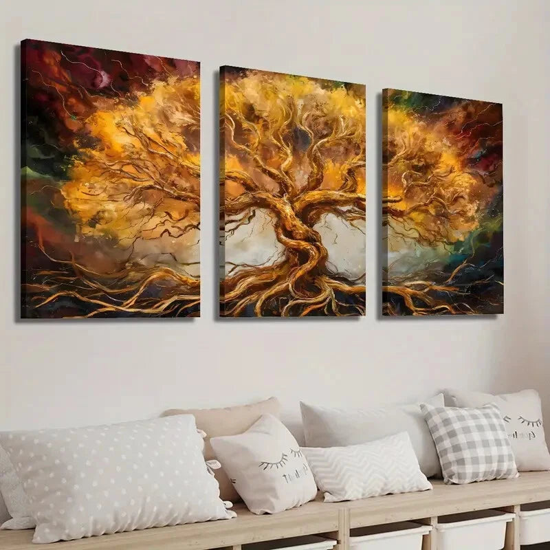 3pcs Golden Style Tree Decorative Wall Art Set Canvas Framed 40x60cm - High Quality Print 100% Australian Made Wall Canvas Ready to Hang - Bella Home Decor