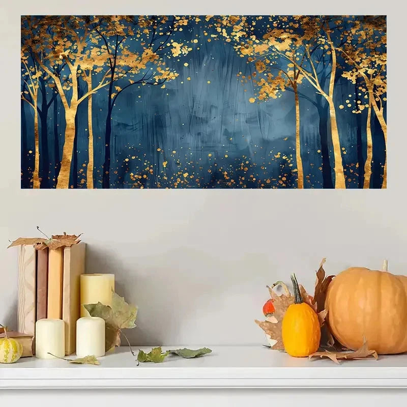 Golden & Dark Blue Autumn Tree Wall Art Canvas Office Home Room Framed 120x60cm