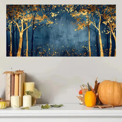 Golden & Dark Blue Autumn Tree Wall Art Canvas Office Home Room Framed 120x60cm