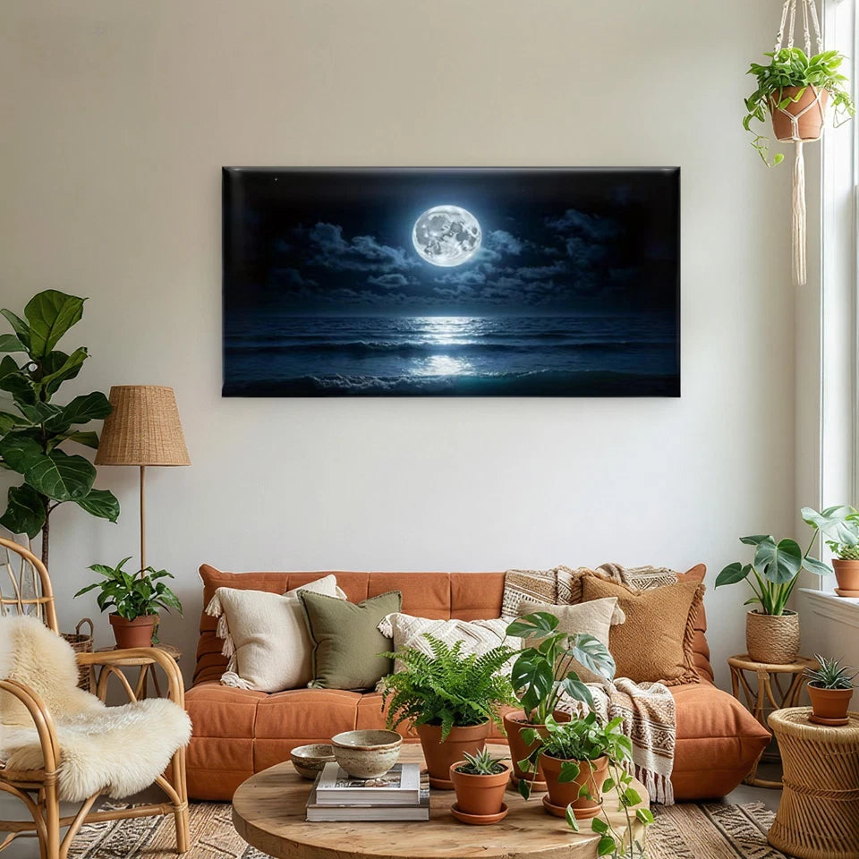 Midnight Ocean Horizon Wall Art Canvas Office Home Room Framed 120x60cm