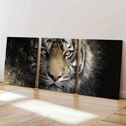 3pcs Tiger Golden Eyes & Abstract Splatter Art Wall Art Set Canvas Framed 50x70cm - High Quality Print 100% Australian Made Wall Canvas Ready to Hang